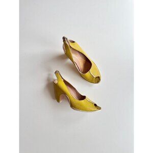 CAMPER Yellow Pebbled Leather Slingback Peep Toe Wedge Sandals, Size 35